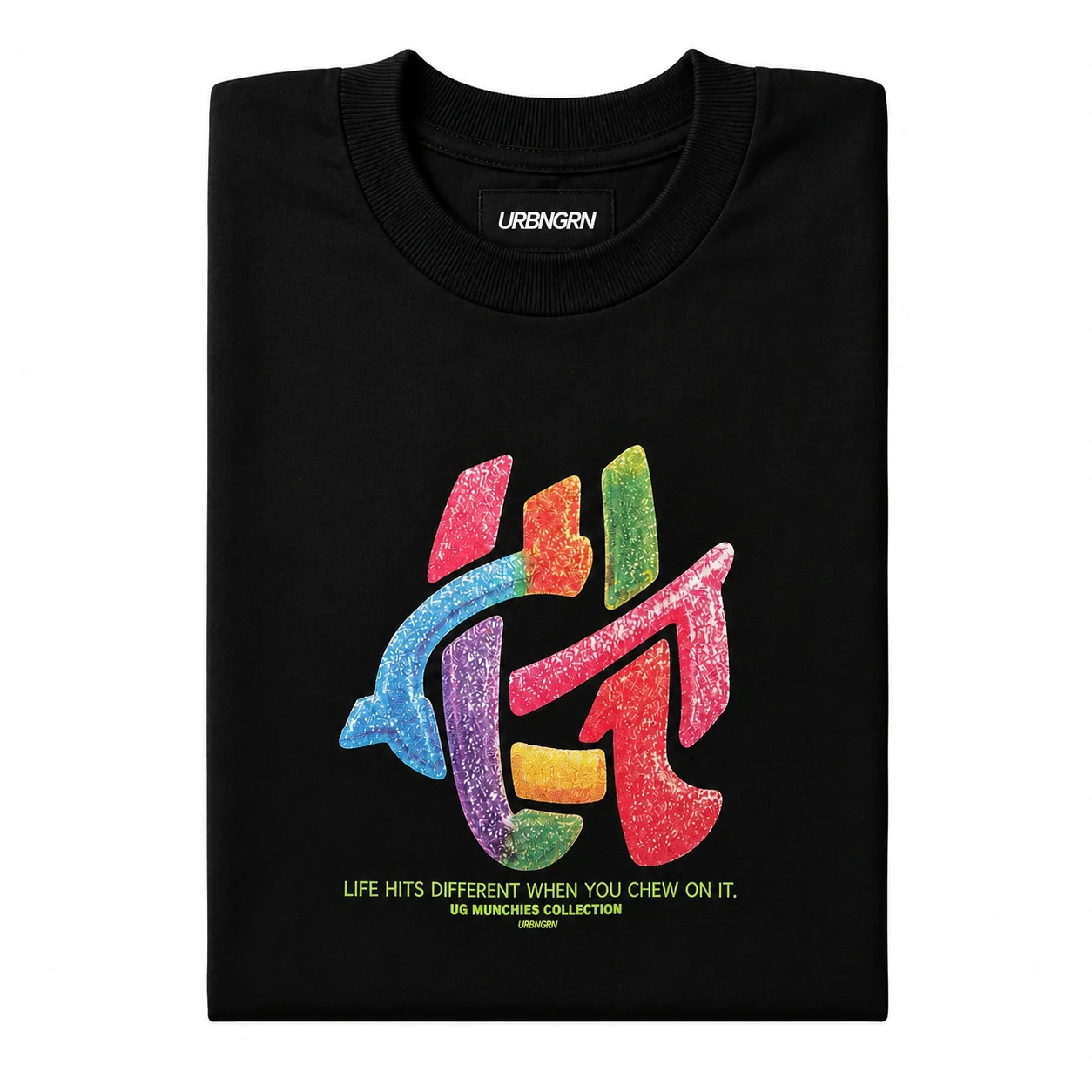 urbngrn-munchies-gummies-black-tshirt-folded