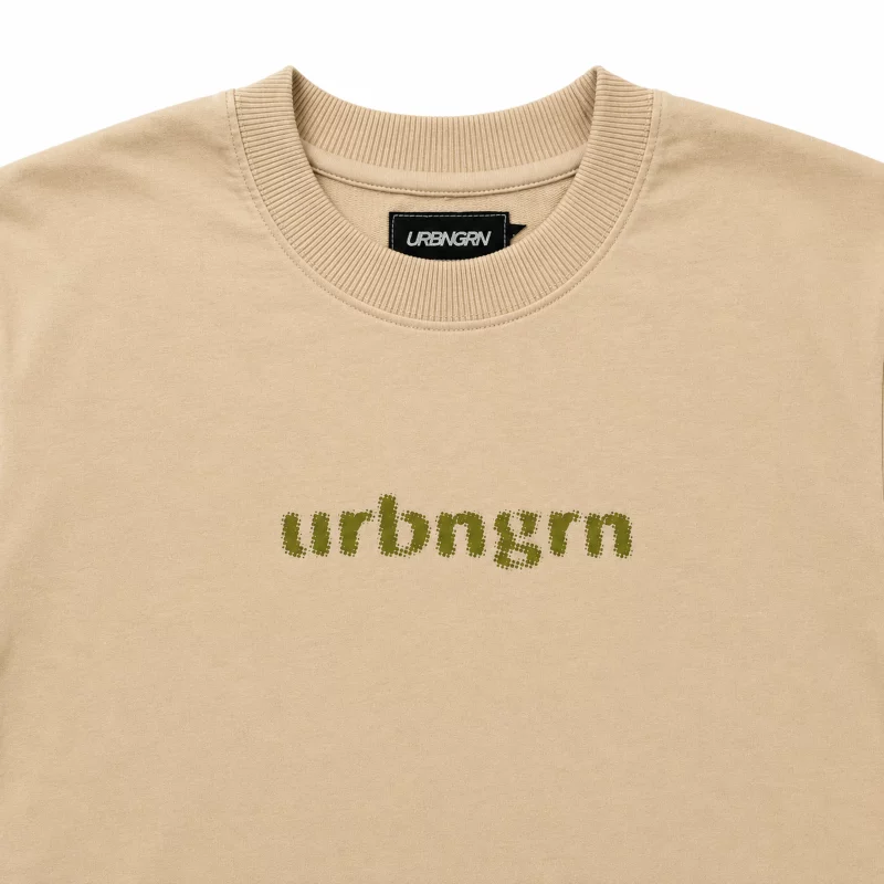 URBNGRN Dot Matrix Wordmark Tee – Beige Front Design Print Detail